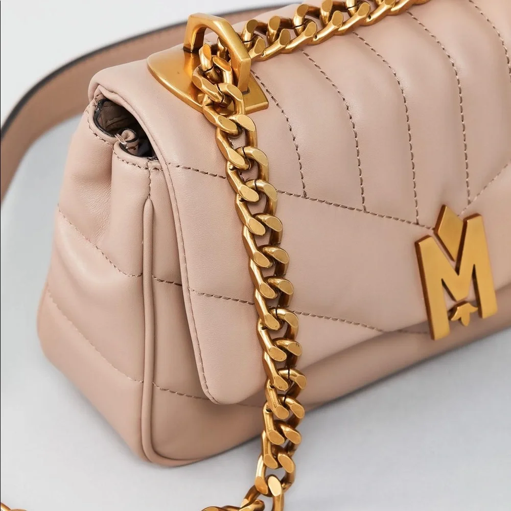 Mackage Quilted Leather Crossbody Bag in Beige with Gold Hardware